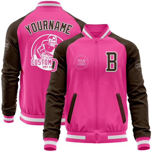 Custom Pink White-Brown Bomber Varsity Letterman Two Tone Zipper Jacket - Main View