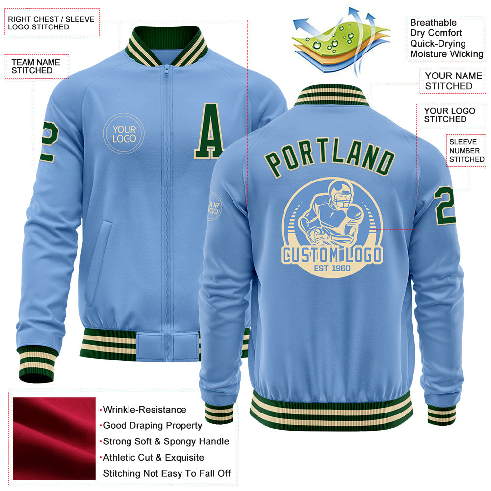 Custom Light Blue Green-Cream Bomber Varsity Letterman Zipper Jacket view 4