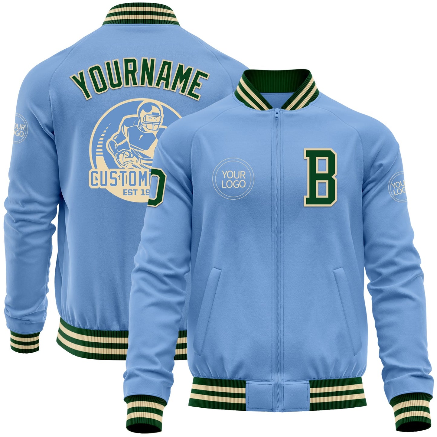 Custom Light Blue Green-Cream Bomber Varsity Letterman Zipper Jacket - Main View