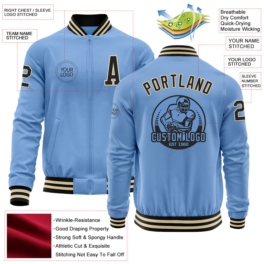 Custom Light Blue Black-Cream Bomber Varsity Letterman Zipper Jacket view 4