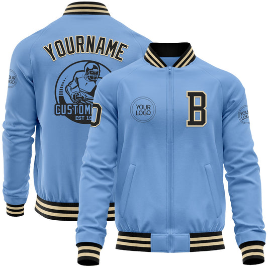 Custom Light Blue Black-Cream Bomber Varsity Letterman Zipper Jacket - Main View