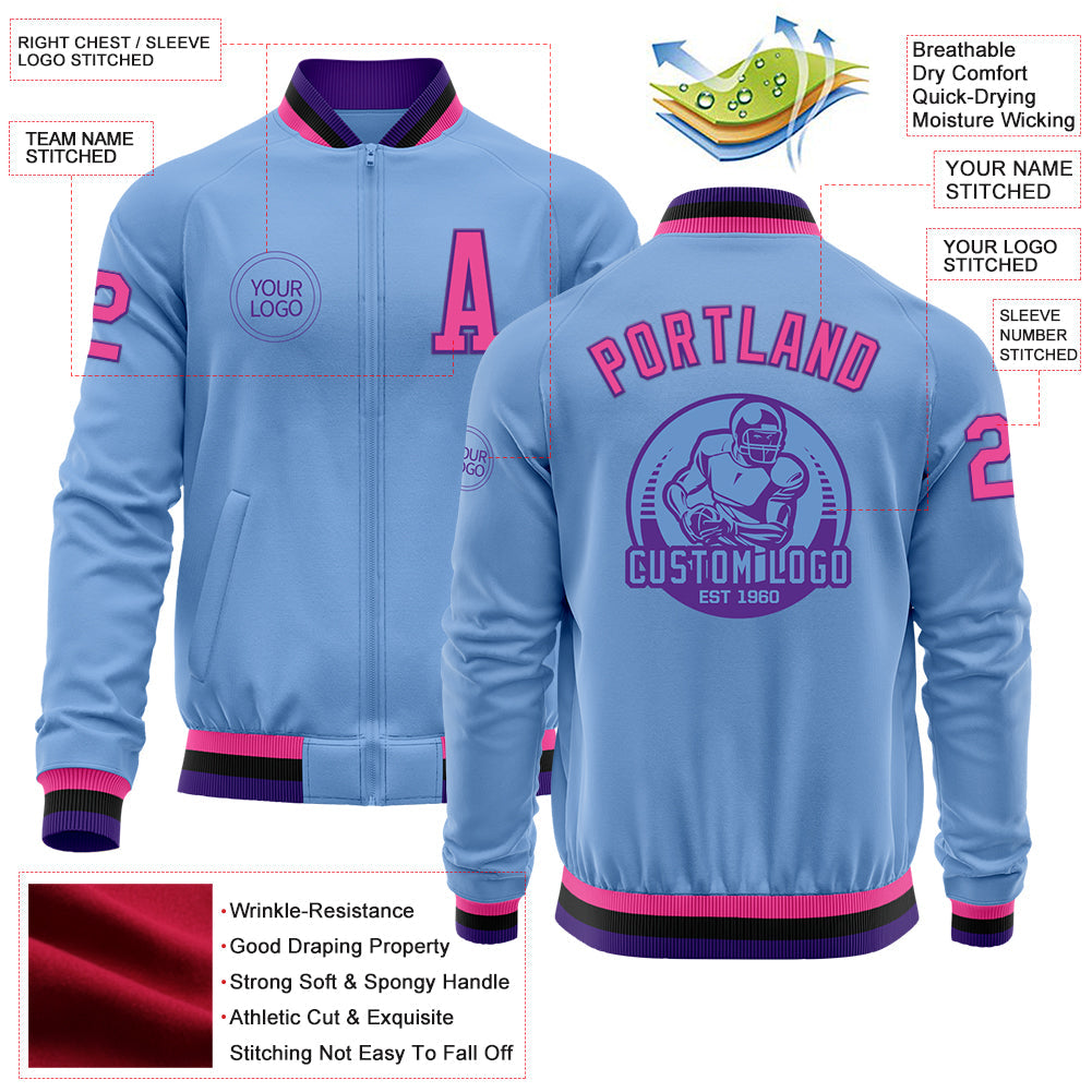 Custom Light Blue Pink Purple-Black Bomber Varsity Letterman Zipper Jacket view 4