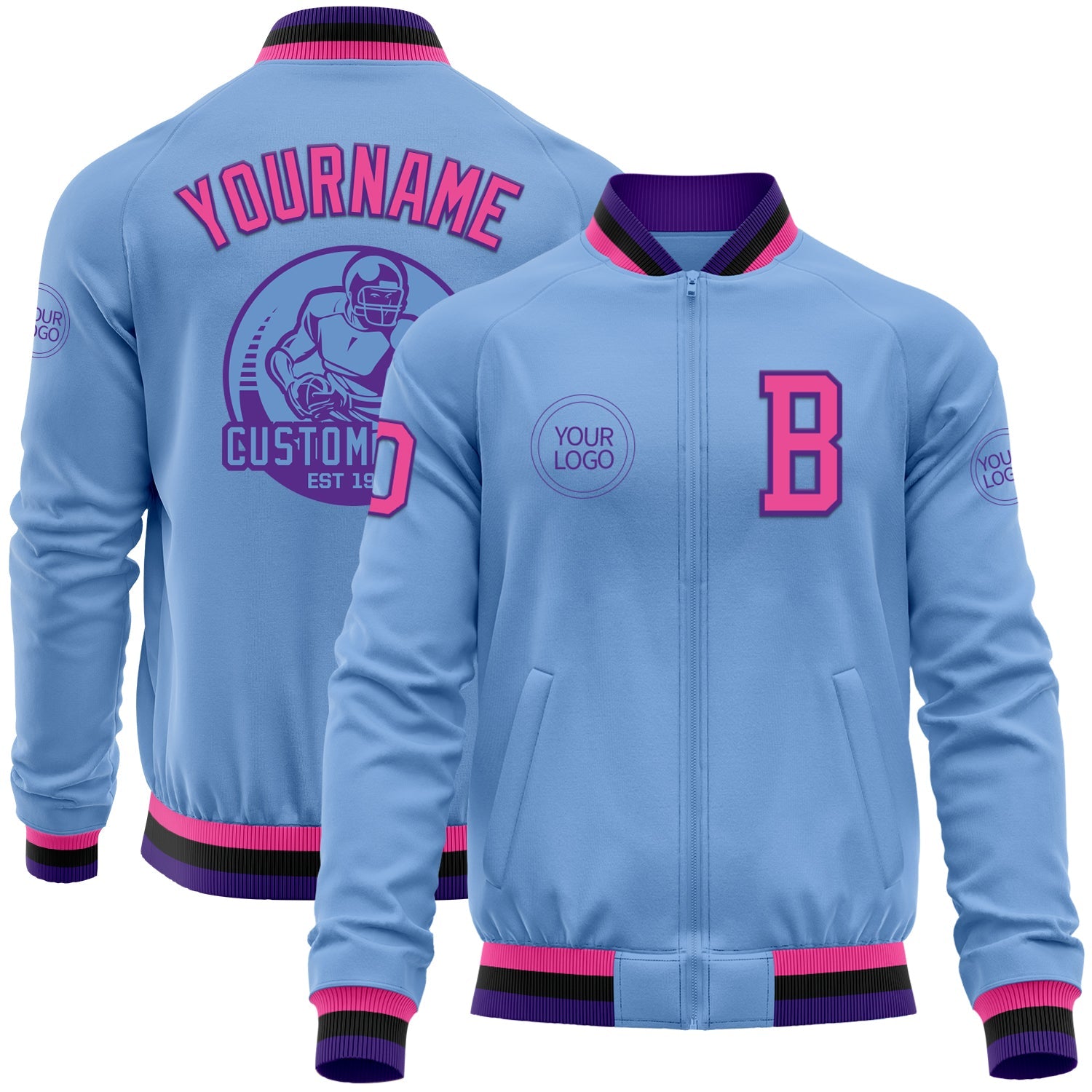 Custom Light Blue Pink Purple-Black Bomber Varsity Letterman Zipper Jacket - Main View