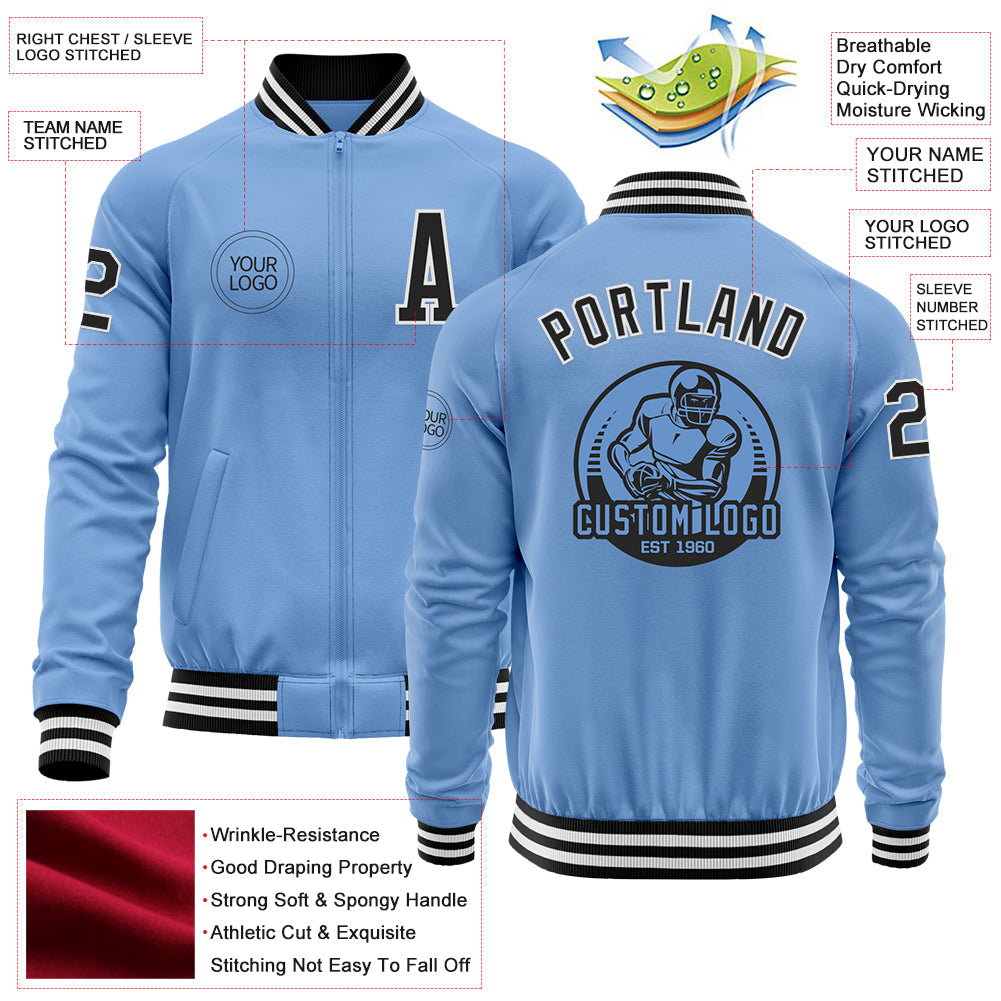Custom Light Blue Black-White Bomber Varsity Letterman Zipper Jacket view 4