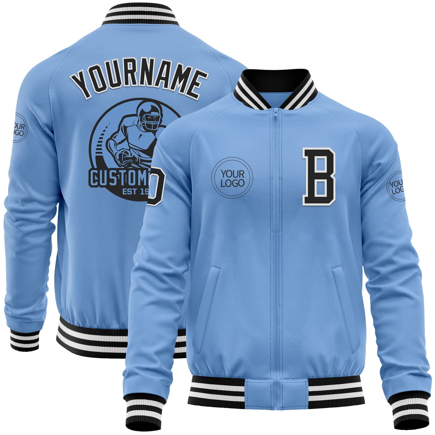 Custom Light Blue Black-White Bomber Varsity Letterman Zipper Jacket - Main View