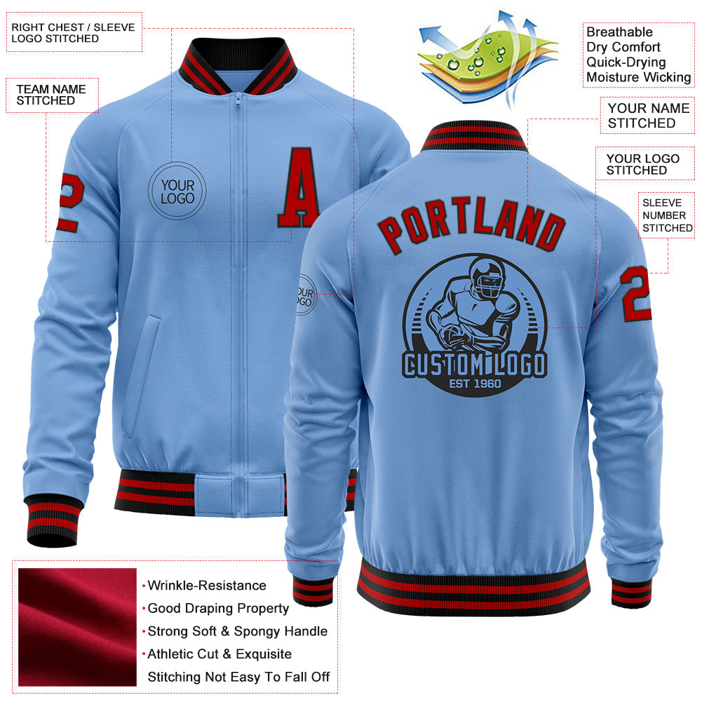 Custom Light Blue Red-Black Bomber Varsity Letterman Zipper Jacket view 4