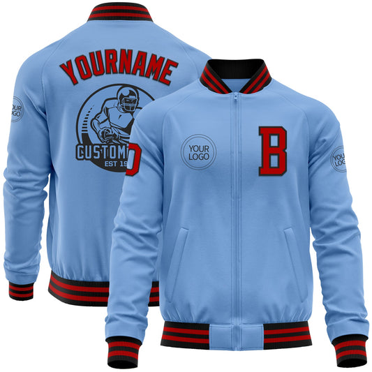 Custom Light Blue Red-Black Bomber Varsity Letterman Zipper Jacket - Main View