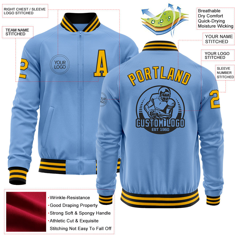 Custom Light Blue Gold-Black Bomber Varsity Letterman Zipper Jacket view 4