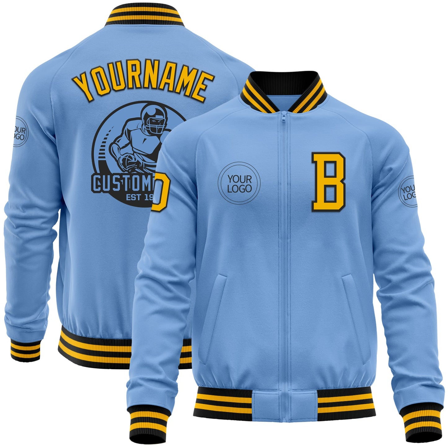 Custom Light Blue Gold-Black Bomber Varsity Letterman Zipper Jacket - Main View
