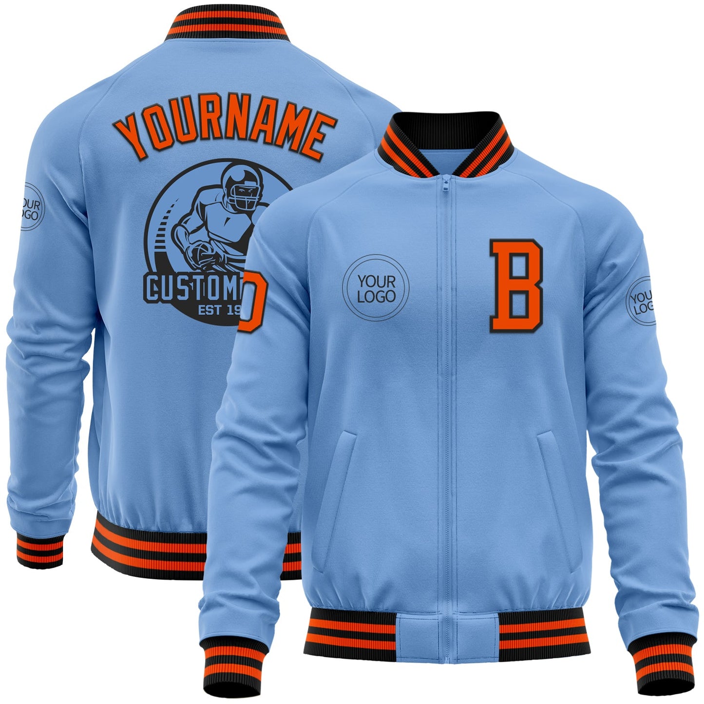 Custom Light Blue Orange-Black Bomber Varsity Letterman Zipper Jacket - Main View