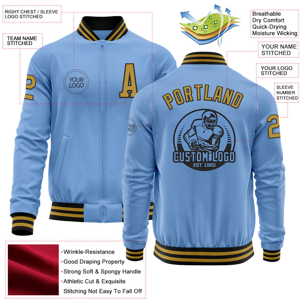 Custom Light Blue Old Gold-Black Bomber Varsity Letterman Zipper Jacket view 4