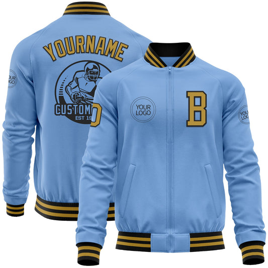 Custom Light Blue Old Gold-Black Bomber Varsity Letterman Zipper Jacket - Main View