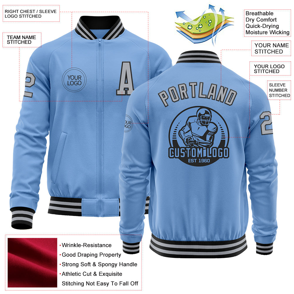 Custom Light Blue Gray-Black Bomber Varsity Letterman Zipper Jacket view 4