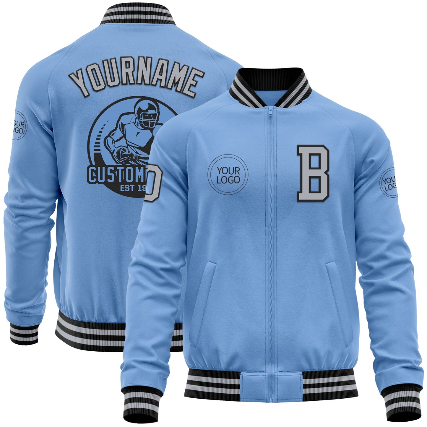 Custom Light Blue Gray-Black Bomber Varsity Letterman Zipper Jacket - Main View