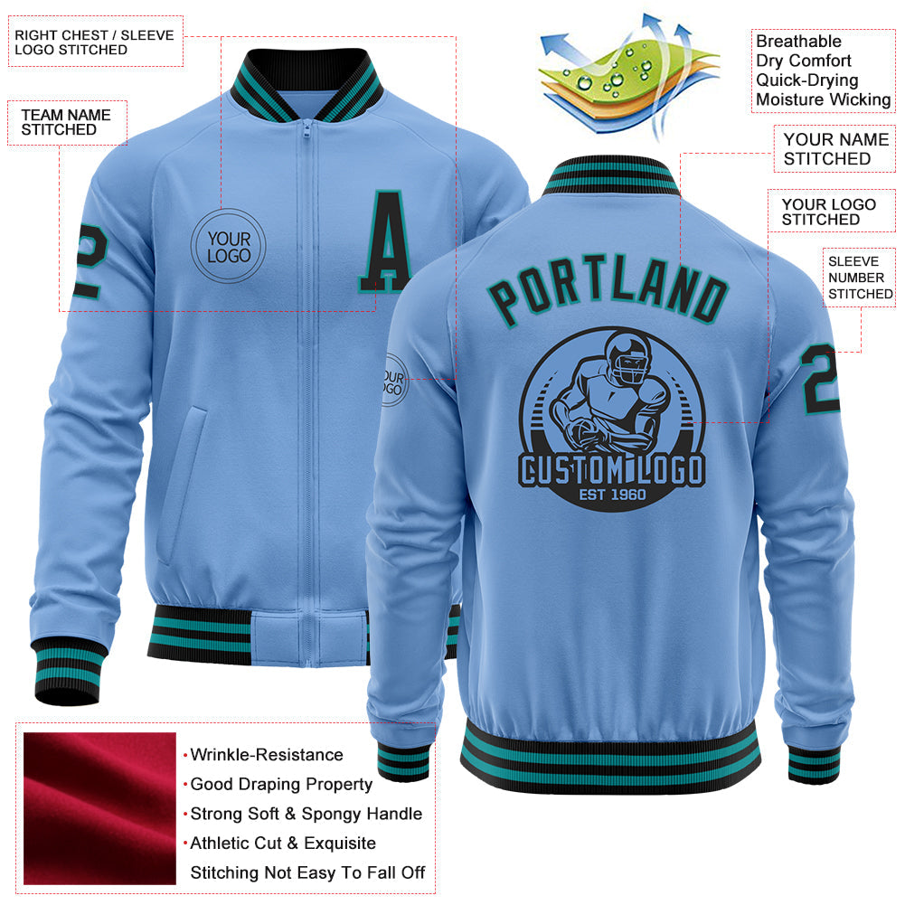 Custom Light Blue Black-Teal Bomber Varsity Letterman Zipper Jacket view 4