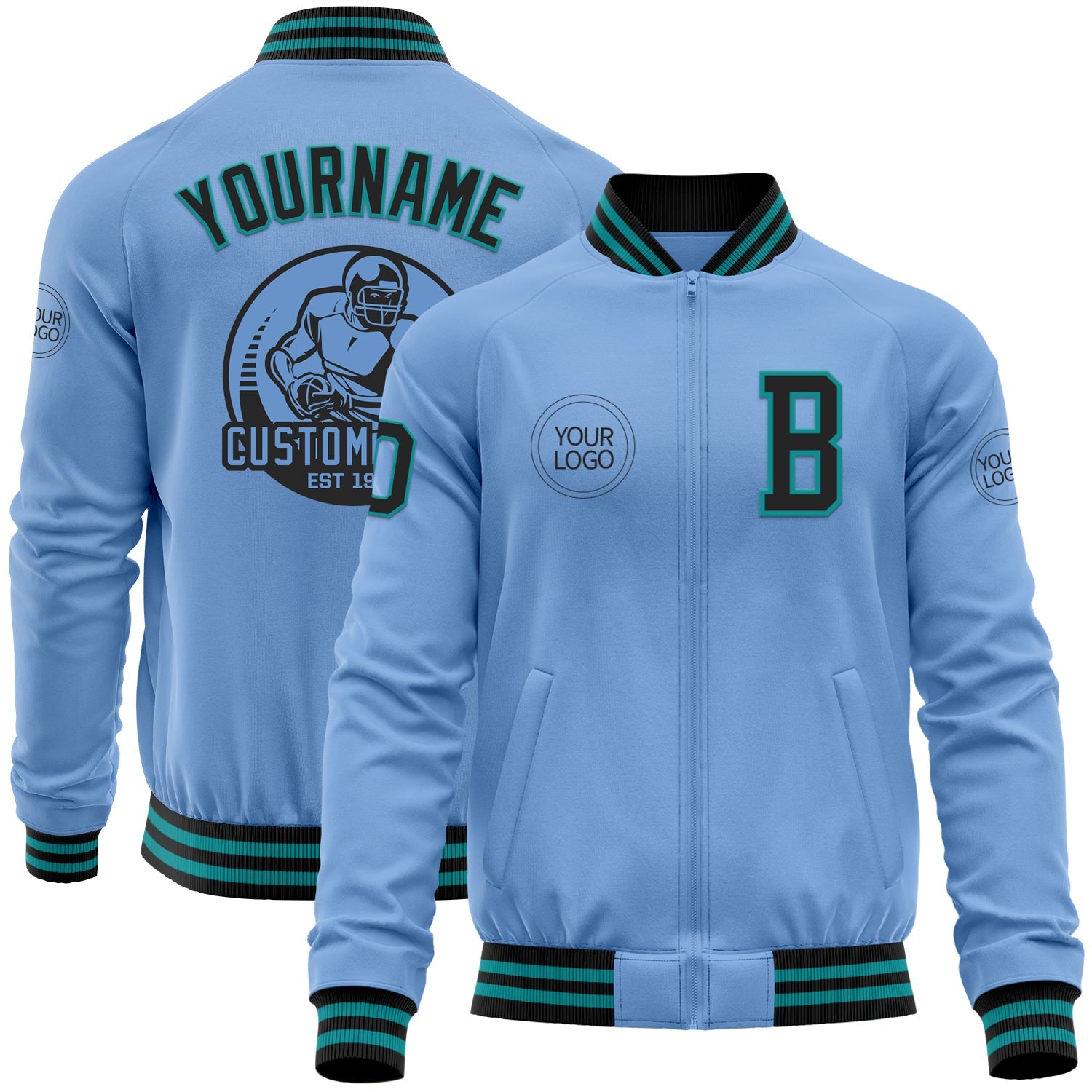 Custom Light Blue Black-Teal Bomber Varsity Letterman Zipper Jacket - Main View