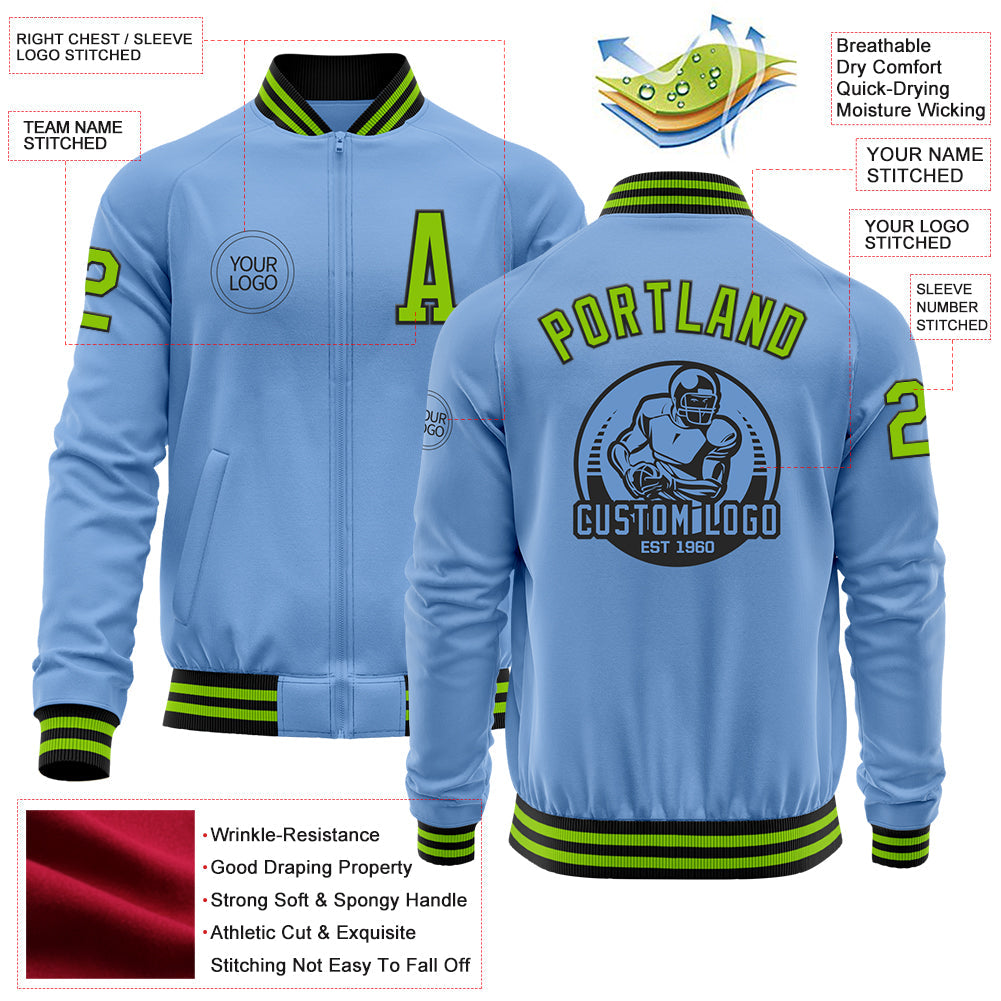 Custom Light Blue Neon Green-Black Bomber Varsity Letterman Zipper Jacket view 4