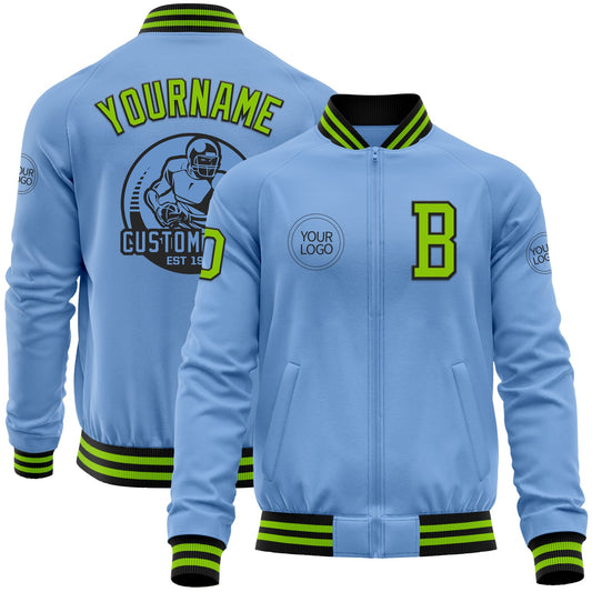 Custom Light Blue Neon Green-Black Bomber Varsity Letterman Zipper Jacket - Main View
