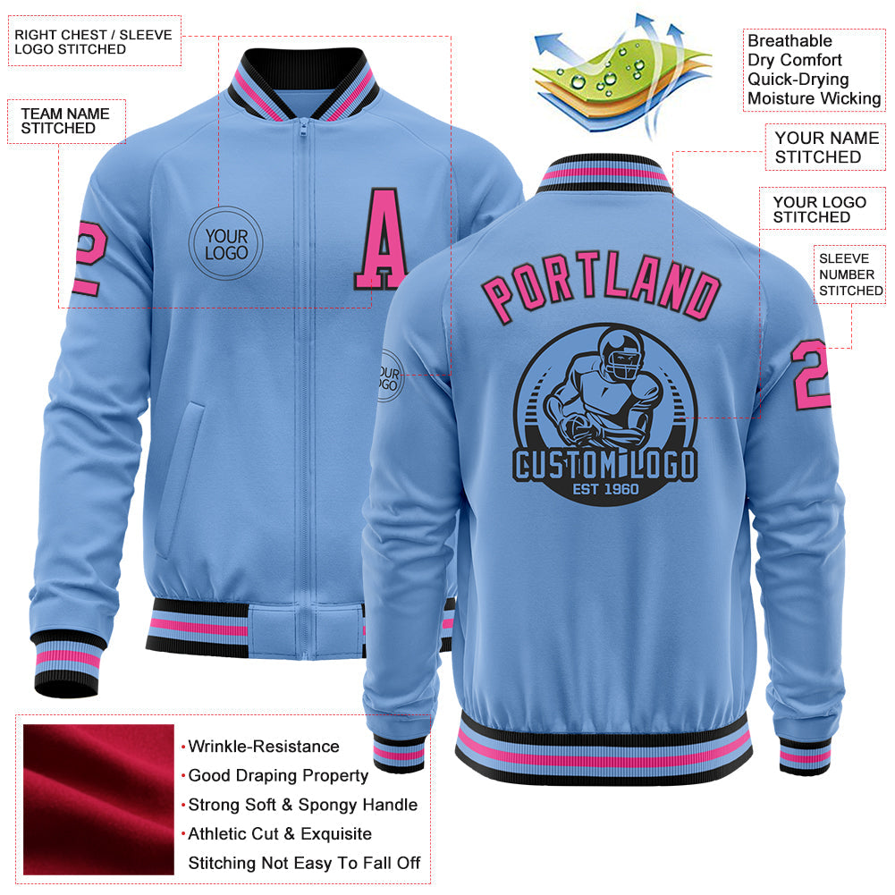 Custom Light Blue Pink-Black Bomber Varsity Letterman Zipper Jacket view 4