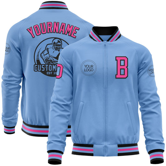 Custom Light Blue Pink-Black Bomber Varsity Letterman Zipper Jacket - Main View