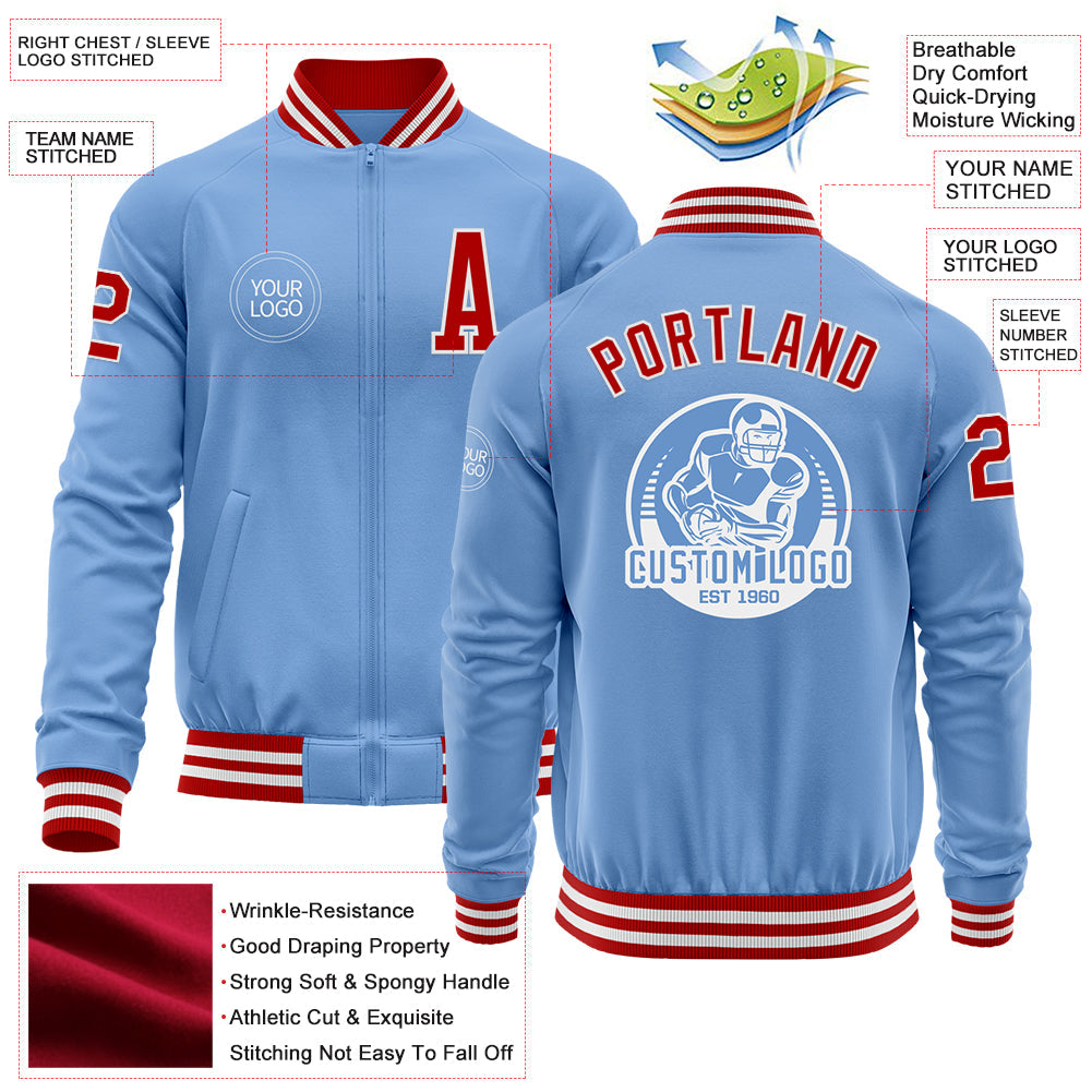 Custom Light Blue Red-White Bomber Varsity Letterman Zipper Jacket view 4