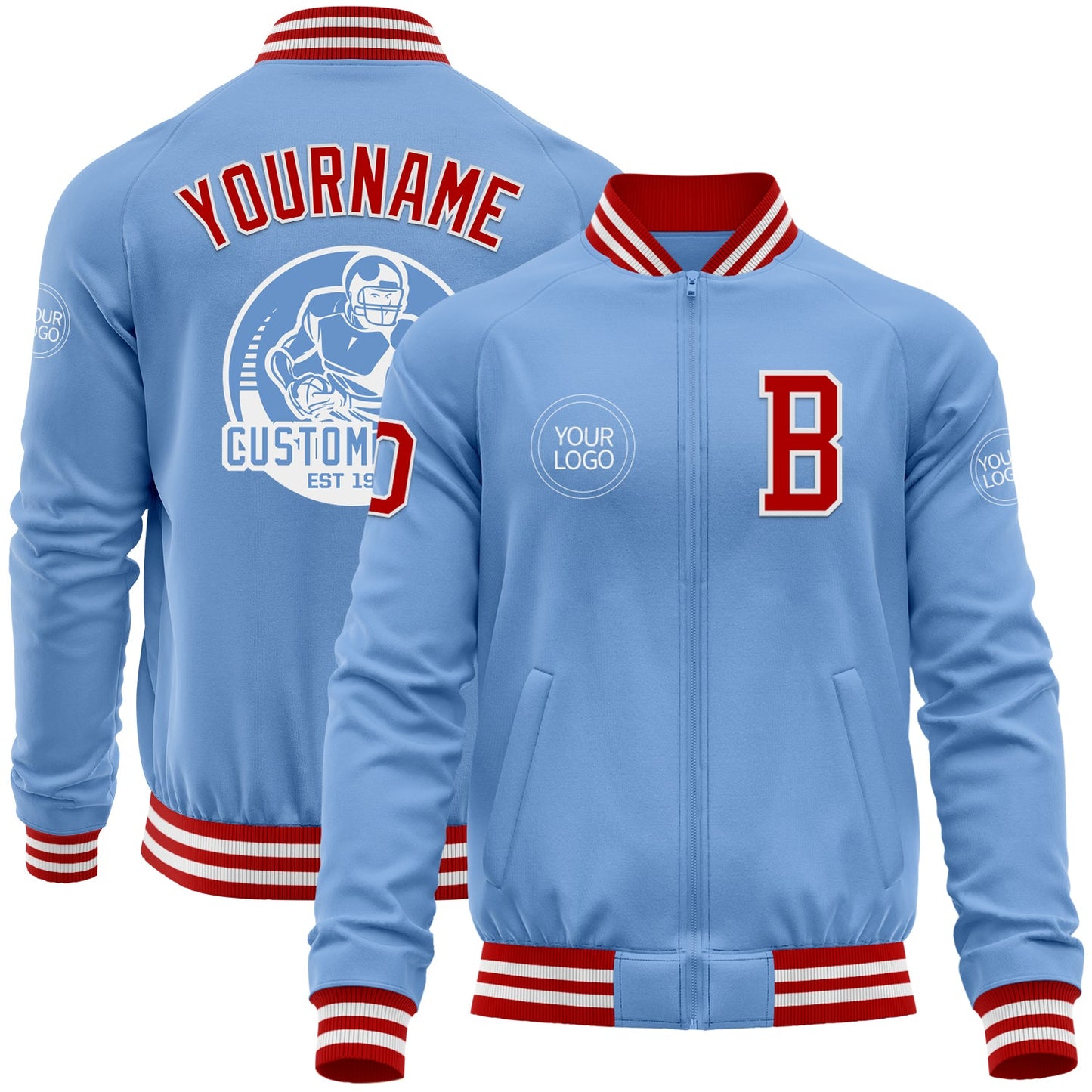 Custom Light Blue Red-White Bomber Varsity Letterman Zipper Jacket - Main View