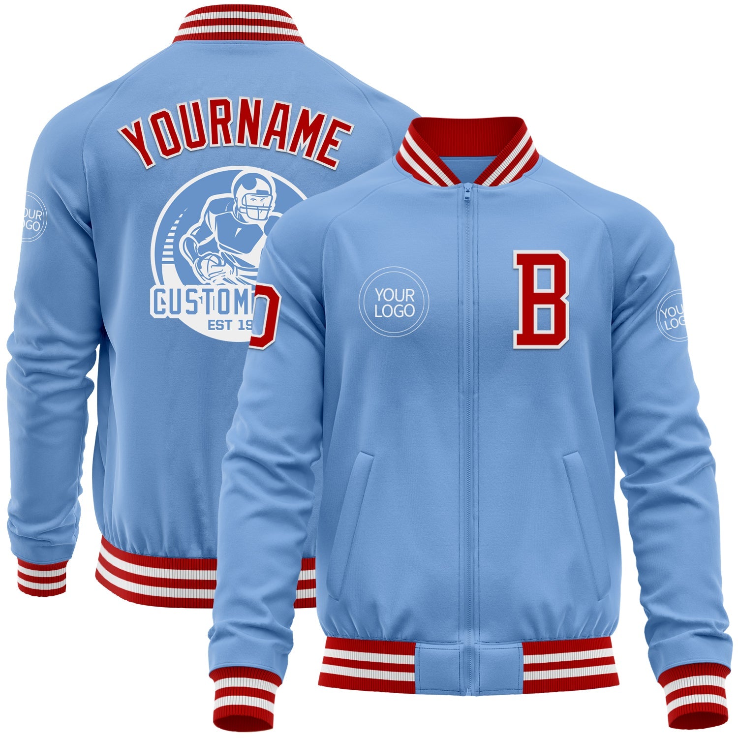 Custom Light Blue Red-White Bomber Varsity Letterman Zipper Jacket - Main View