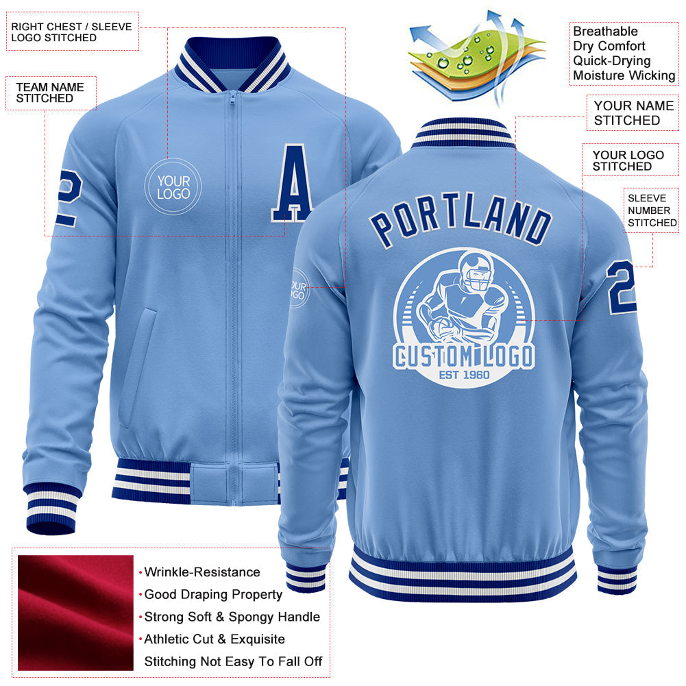 Custom Light Blue Royal-White Bomber Varsity Letterman Zipper Jacket view 4