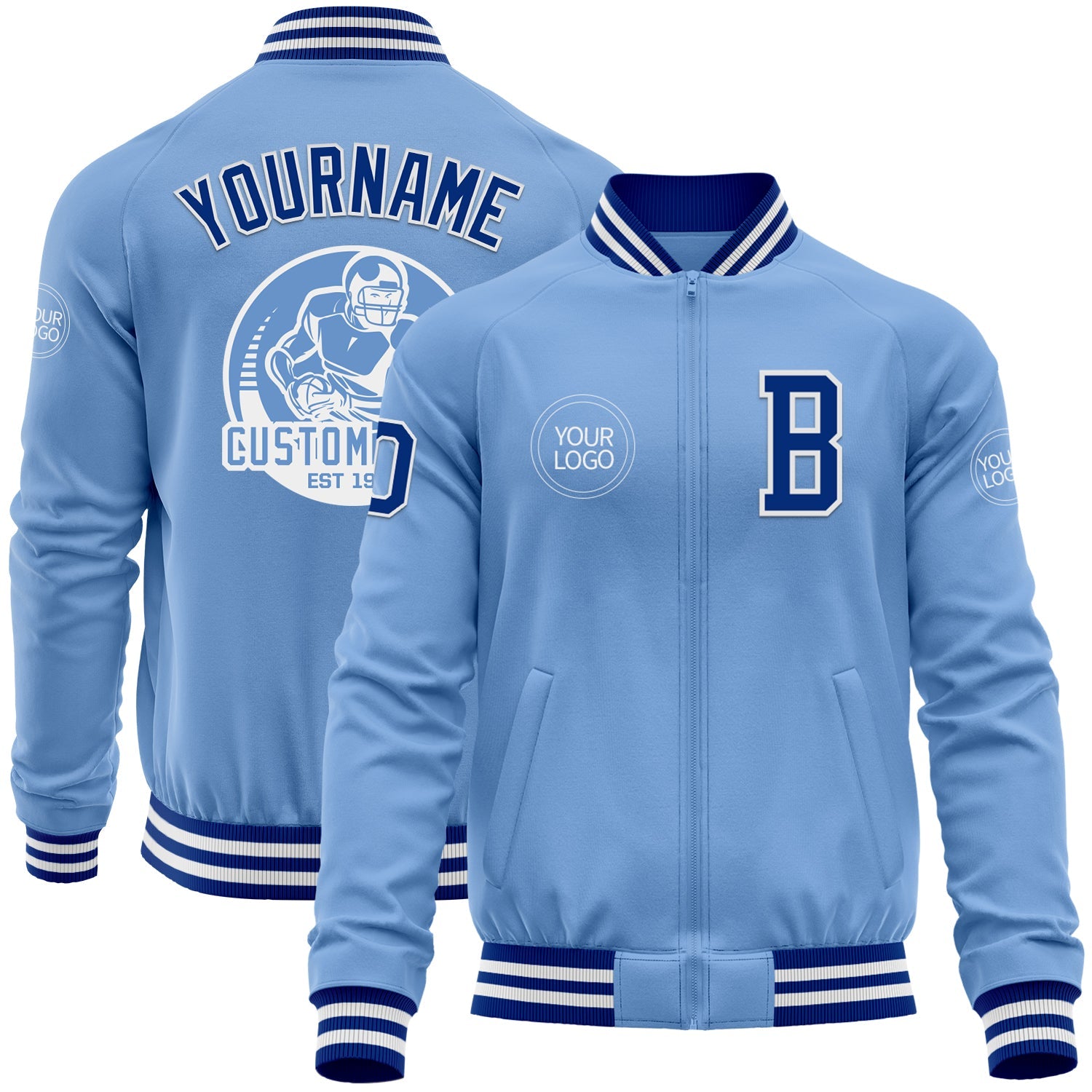 Custom Light Blue Royal-White Bomber Varsity Letterman Zipper Jacket - Main View