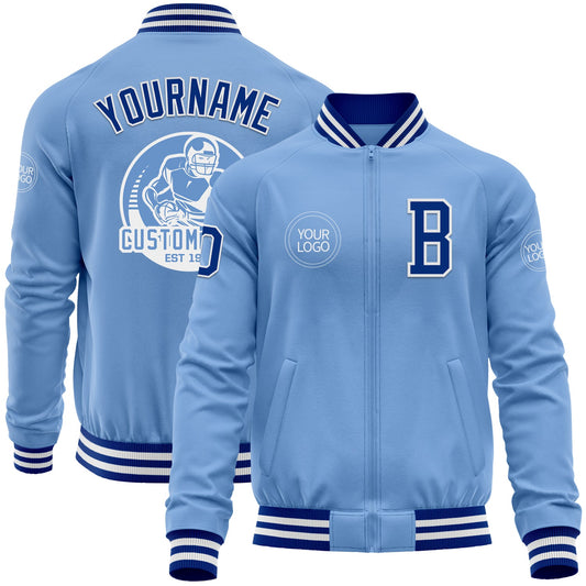 Custom Light Blue Royal-White Bomber Varsity Letterman Zipper Jacket - Main View