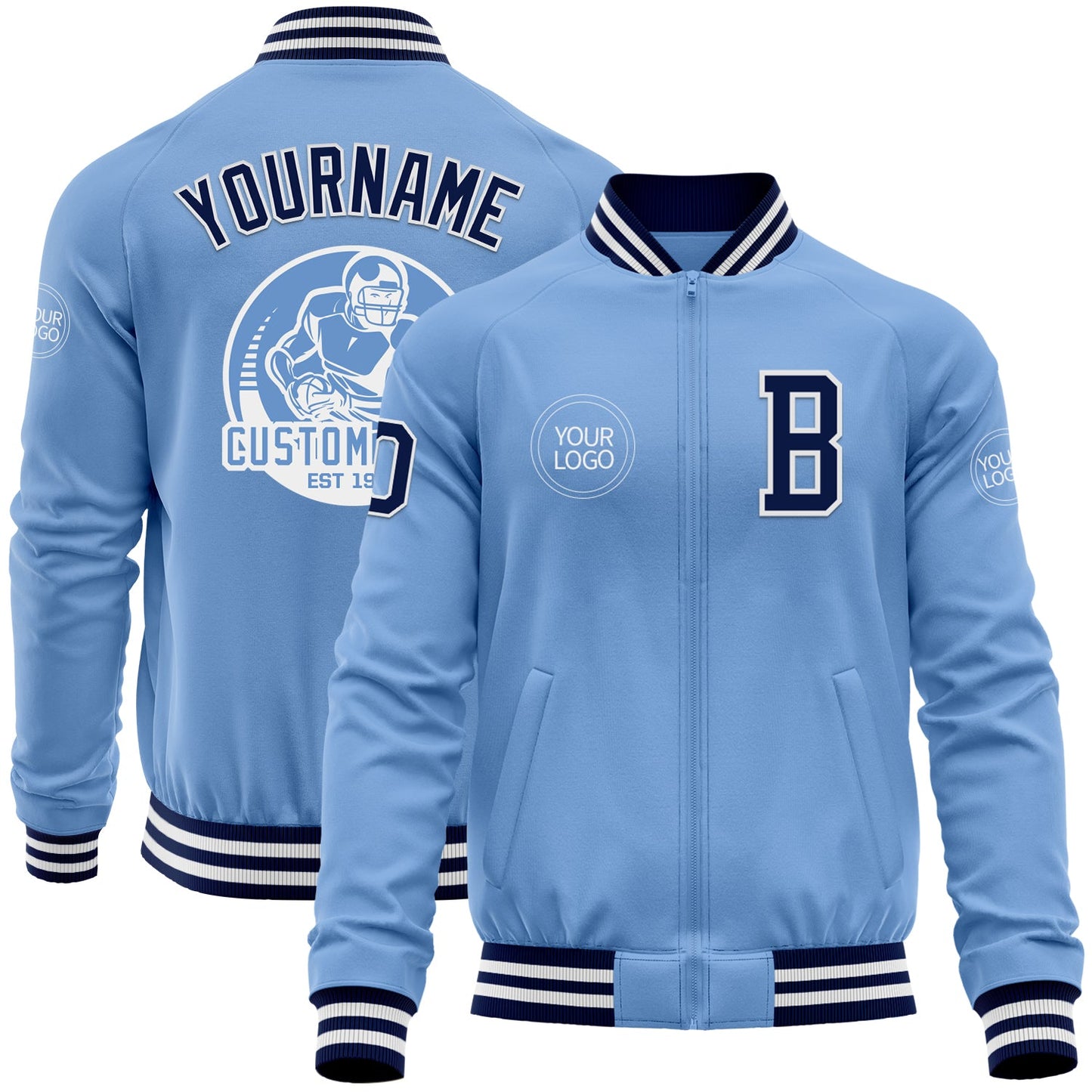 Custom Light Blue Navy-White Bomber Varsity Letterman Zipper Jacket - Main View