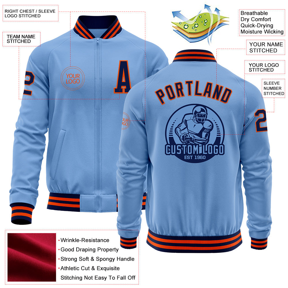 Custom Light Blue Navy-Orange Bomber Varsity Letterman Zipper Jacket view 4