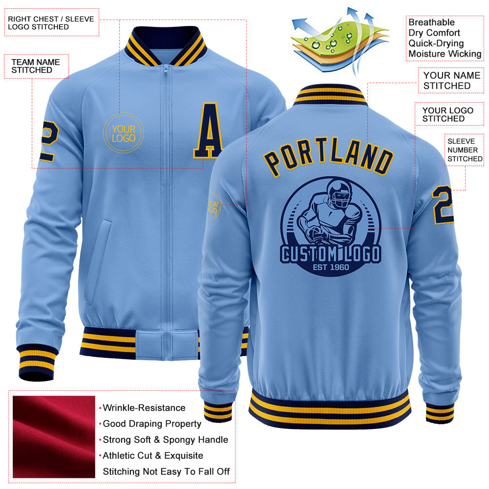 Custom Light Blue Navy-Gold Bomber Varsity Letterman Zipper Jacket view 4