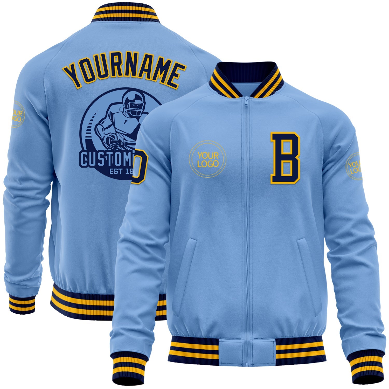 Custom Light Blue Navy-Gold Bomber Varsity Letterman Zipper Jacket - Main View