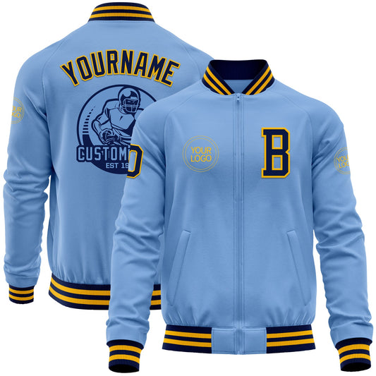 Custom Light Blue Navy-Gold Bomber Varsity Letterman Zipper Jacket - Main View