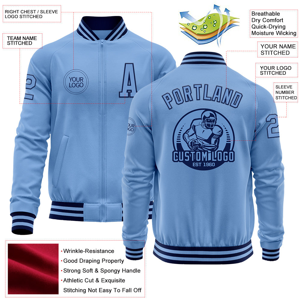 Custom Light Blue Navy Bomber Varsity Letterman Zipper Jacket view 4