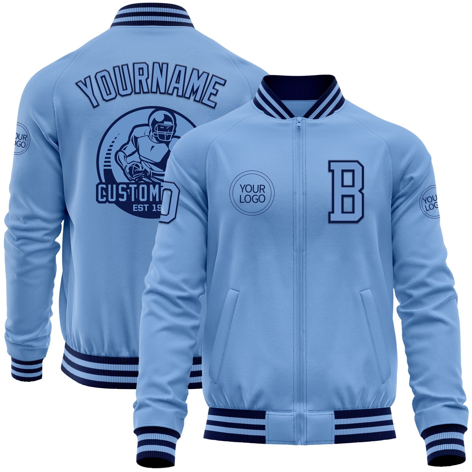 Custom Light Blue Navy Bomber Varsity Letterman Zipper Jacket - Main View