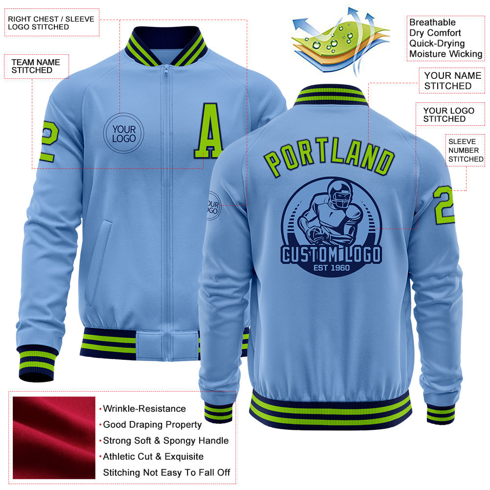 Custom Light Blue Neon Green-Navy Bomber Varsity Letterman Zipper Jacket view 4