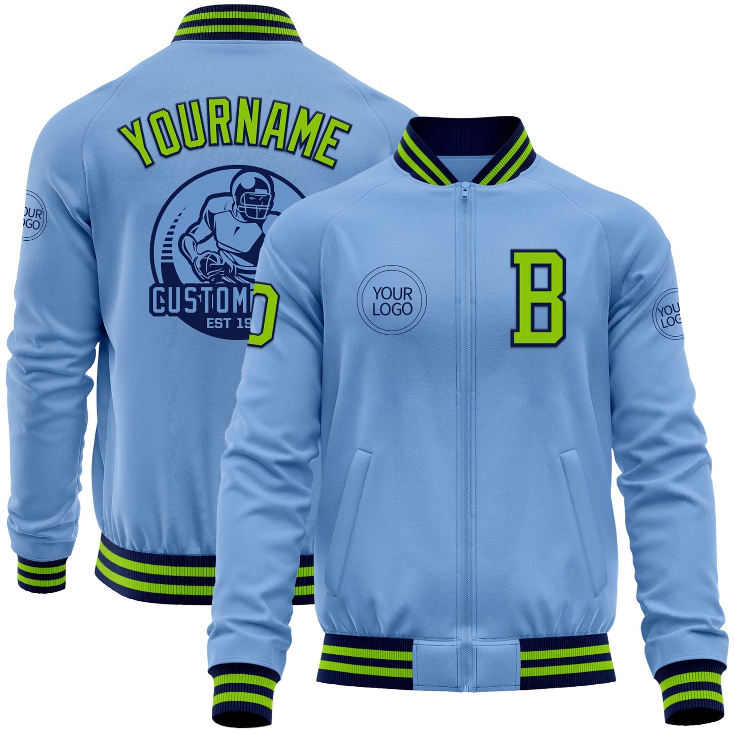 Custom Light Blue Neon Green-Navy Bomber Varsity Letterman Zipper Jacket - Main View
