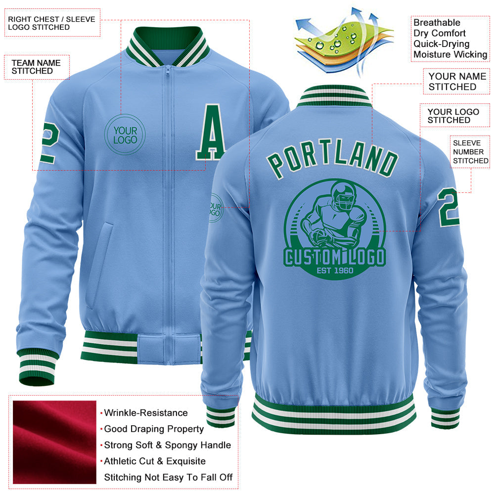 Custom Light Blue Kelly Green-White Bomber Varsity Letterman Zipper Jacket view 4