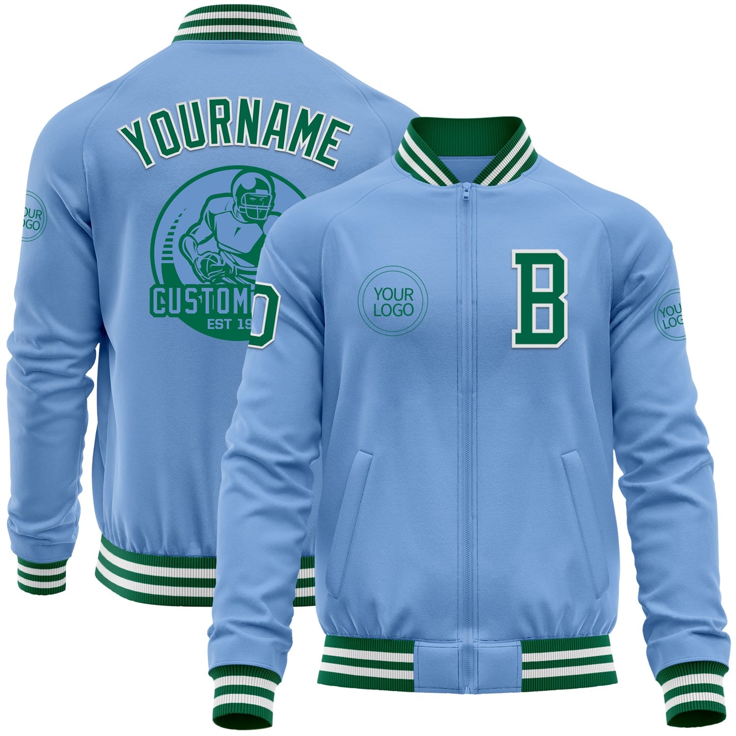 Custom Light Blue Kelly Green-White Bomber Varsity Letterman Zipper Jacket - Main View