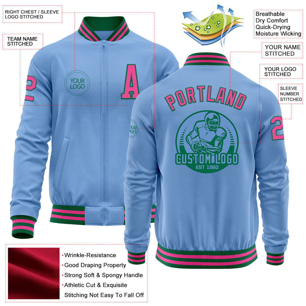 Custom Light Blue Pink-Kelly Green Bomber Varsity Letterman Zipper Jacket view 4