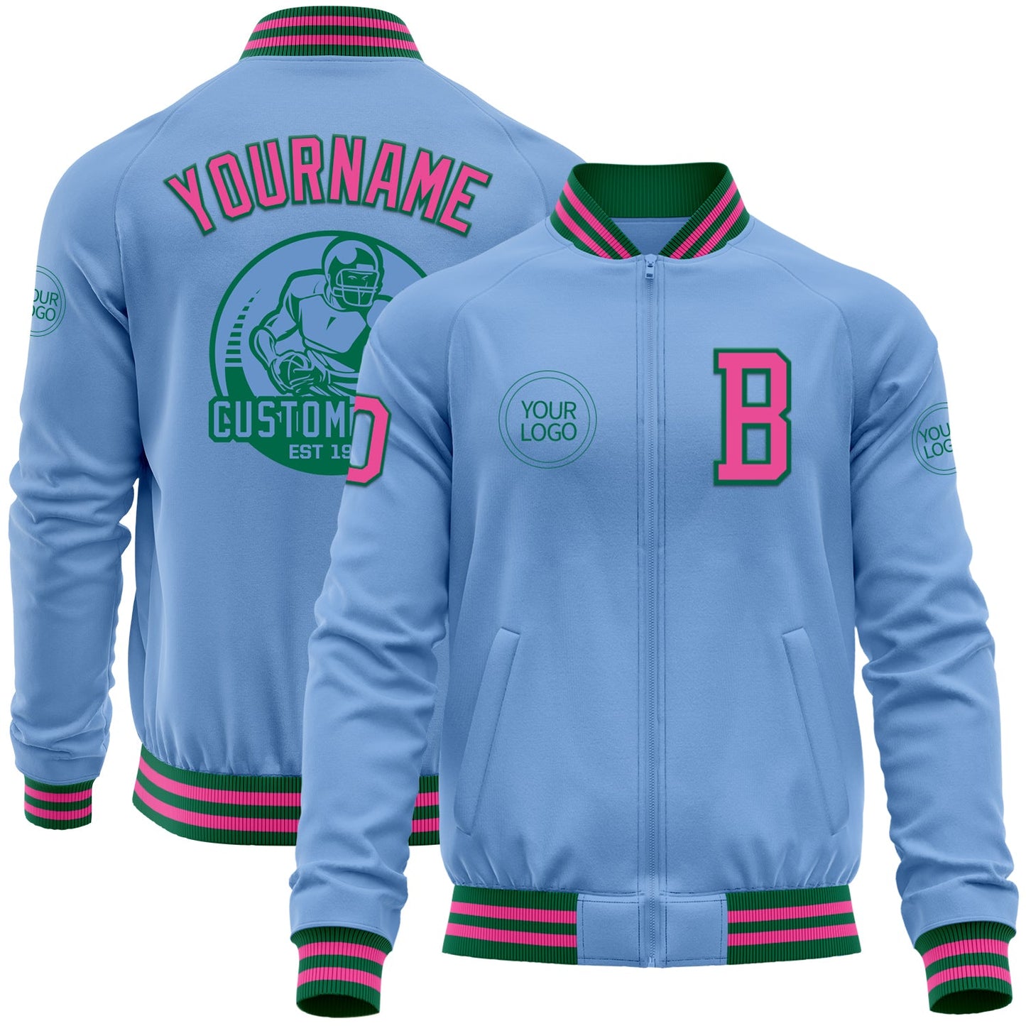 Custom Light Blue Pink-Kelly Green Bomber Varsity Letterman Zipper Jacket - Main View