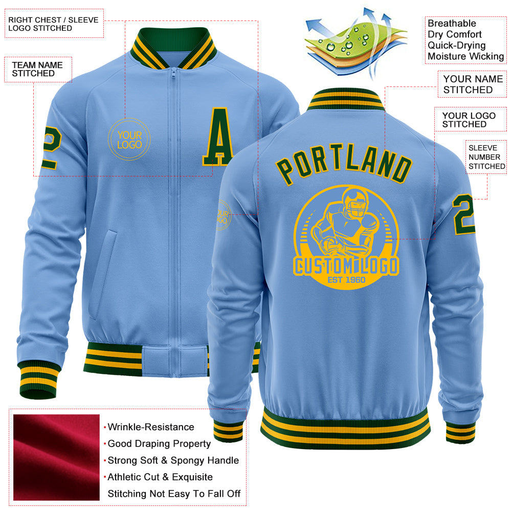 Custom Light Blue Green-Gold Bomber Varsity Letterman Zipper Jacket view 4