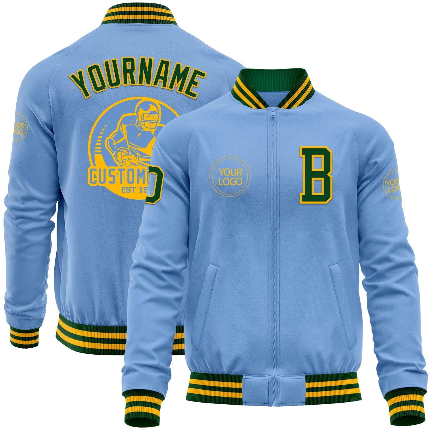 Custom Light Blue Green-Gold Bomber Varsity Letterman Zipper Jacket - Main View