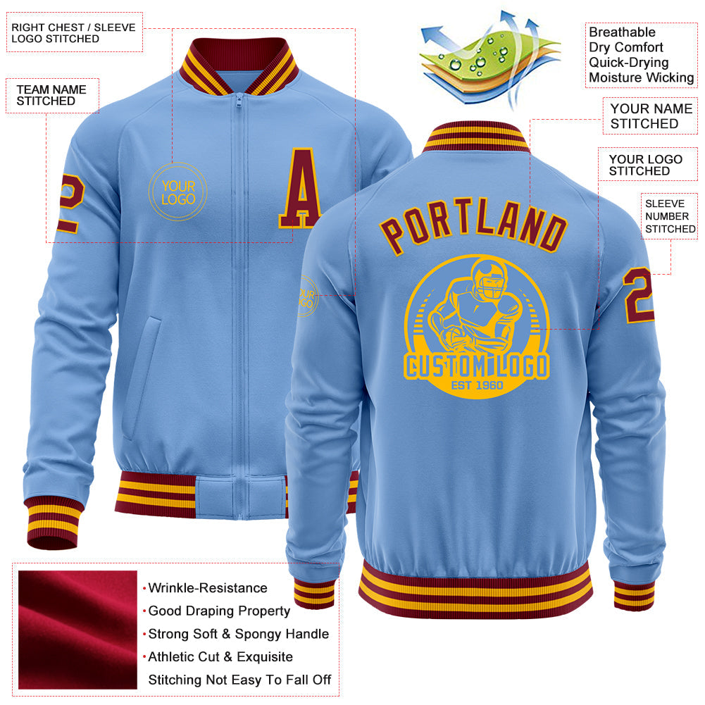 Custom Light Blue Crimson-Gold Bomber Varsity Letterman Zipper Jacket view 4