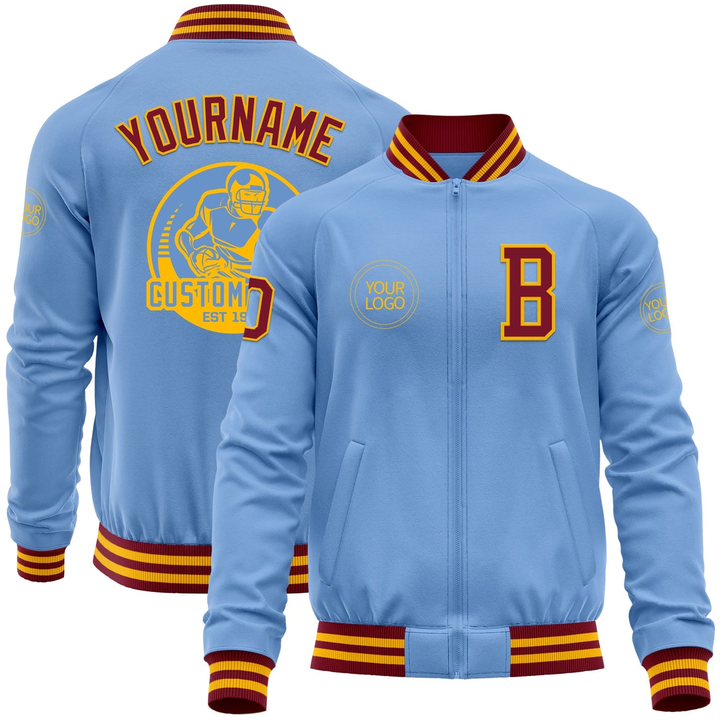 Custom Light Blue Crimson-Gold Bomber Varsity Letterman Zipper Jacket - Main View