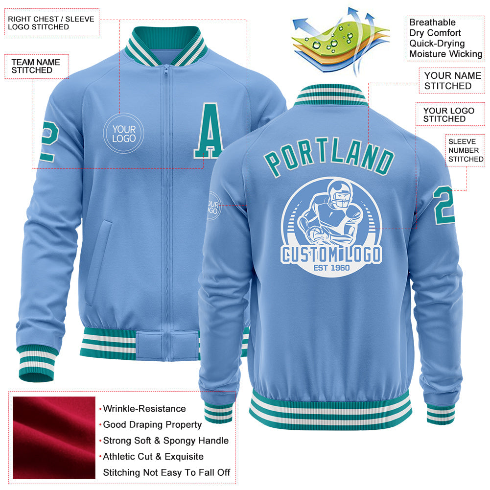 Custom Light Blue Teal-White Bomber Varsity Letterman Zipper Jacket view 4