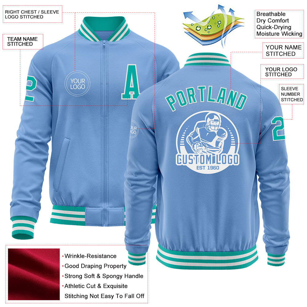 Custom Light Blue Aqua-White Bomber Varsity Letterman Zipper Jacket view 4