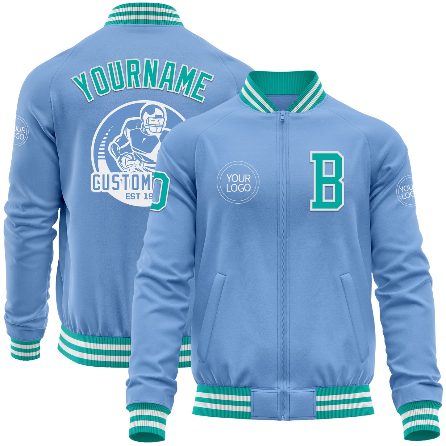 Custom Light Blue Aqua-White Bomber Varsity Letterman Zipper Jacket - Main View